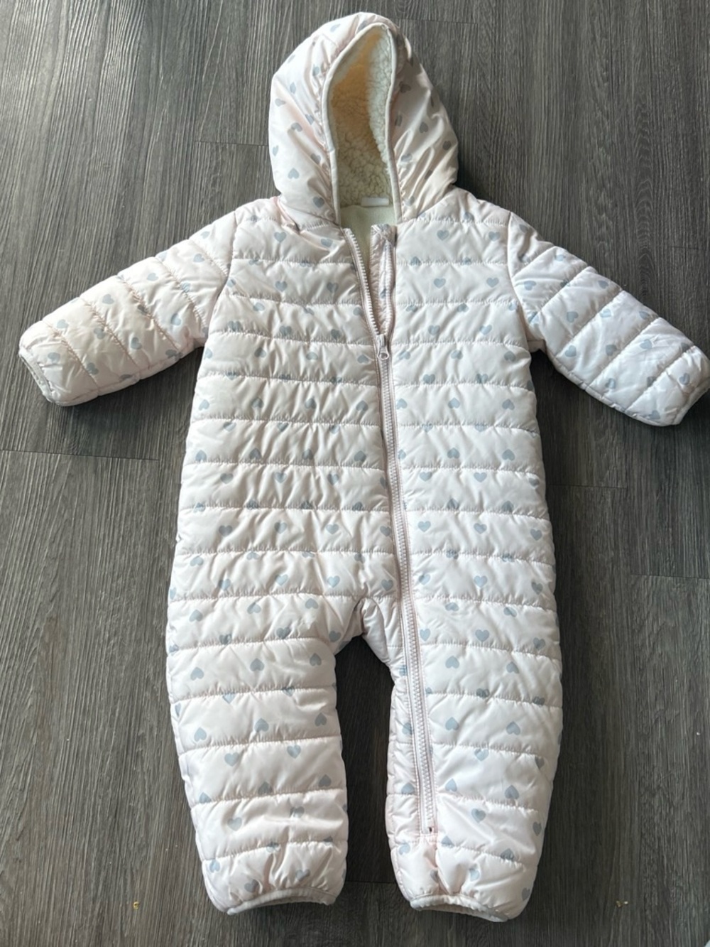 omighty Light Pink Quilted Hooded Baby One-Piece with Heart Print